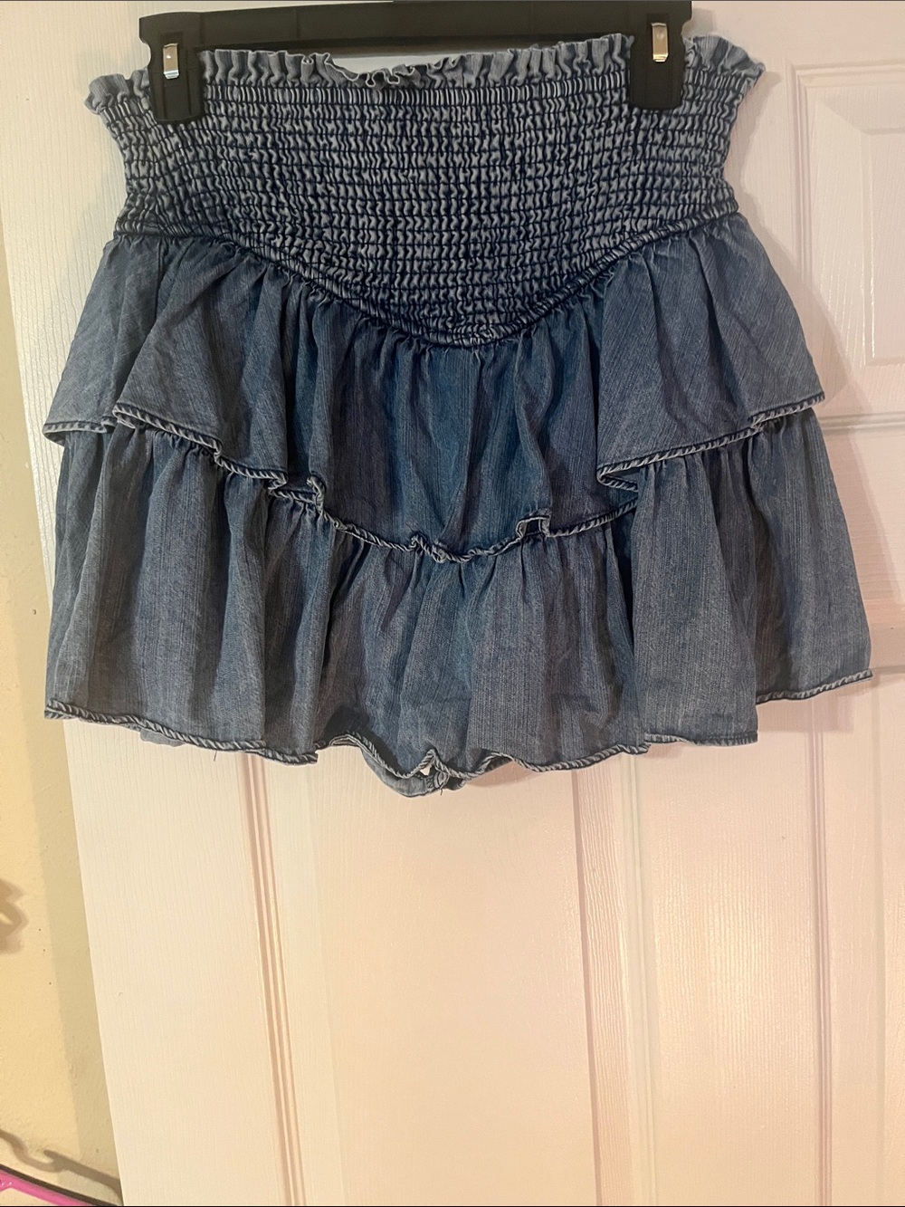 Oli & Hali Blue Smocked Tiered Denim Mini Skort.